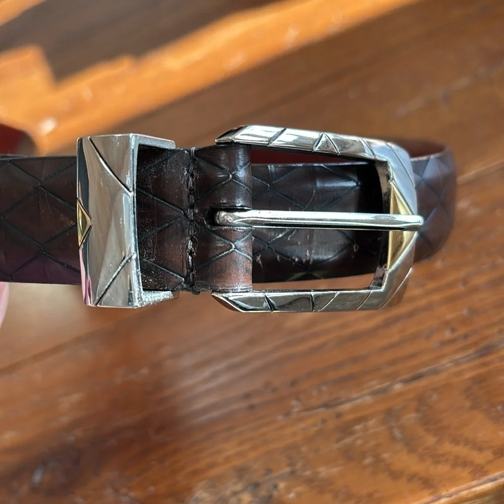 Johnston & Murphy Brown Italian Calfskin Belt Men’s Two Tone Metal 7302 Size 38